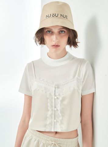 Áo lụa 2 dây crop viền ren màu be