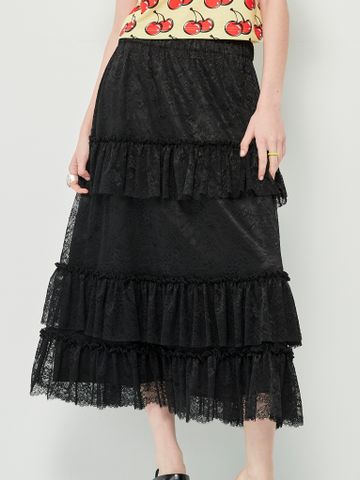 Chân váy đen dài ren họa tiết hoa