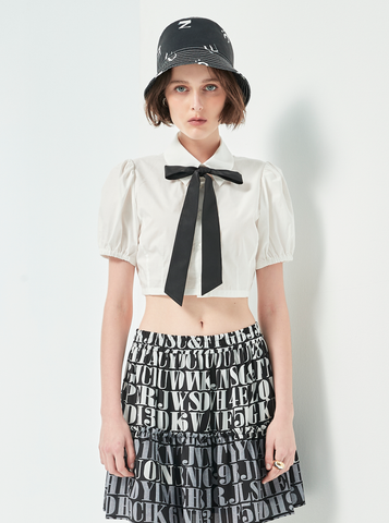 Áo Croptop Tay Phồng Cổ Thắt Nơ Đen