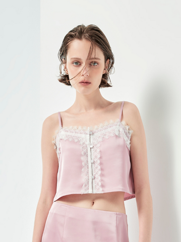 Áo lụa 2 dây viền ren hồng